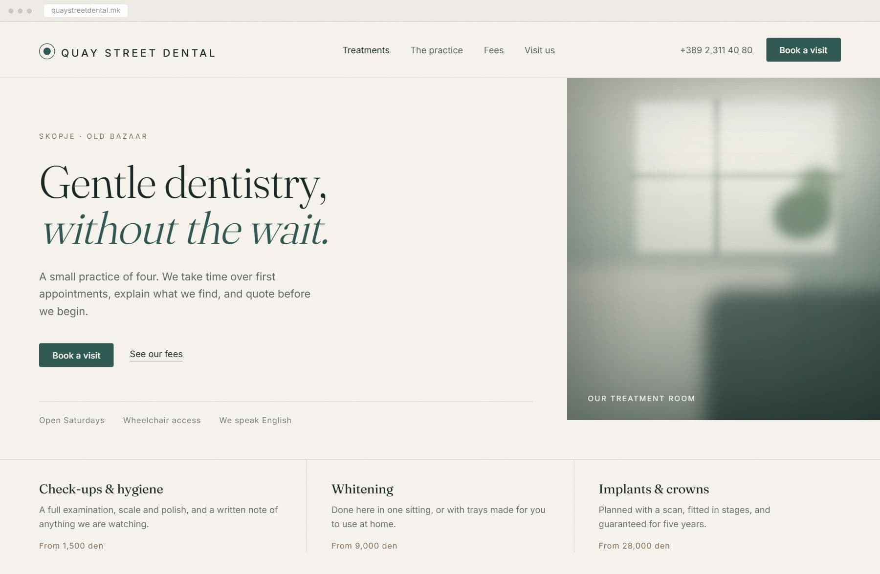 The Zora Dental website: a hairline masthead, the serif headline “Gentle dentistry, without the wait”, a soft photograph of the treatment room, and three treatments with prices along the bottom.