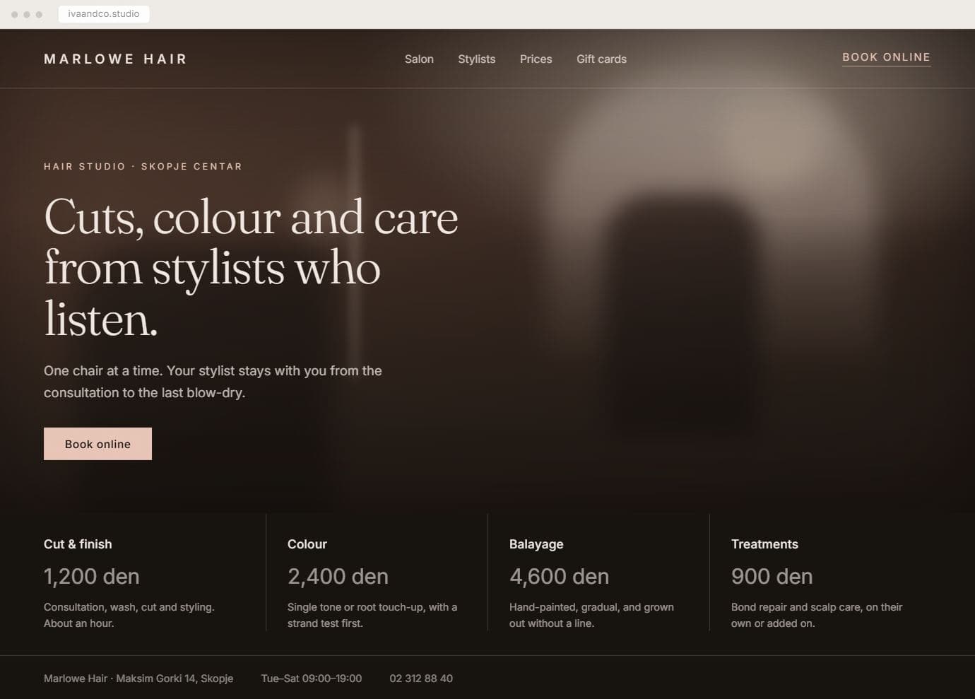Iva & Co. hair studio website: a dark page with a full-width photograph of the salon, the headline “Cuts, colour and care from stylists who listen”, and four treatment prices along the bottom.