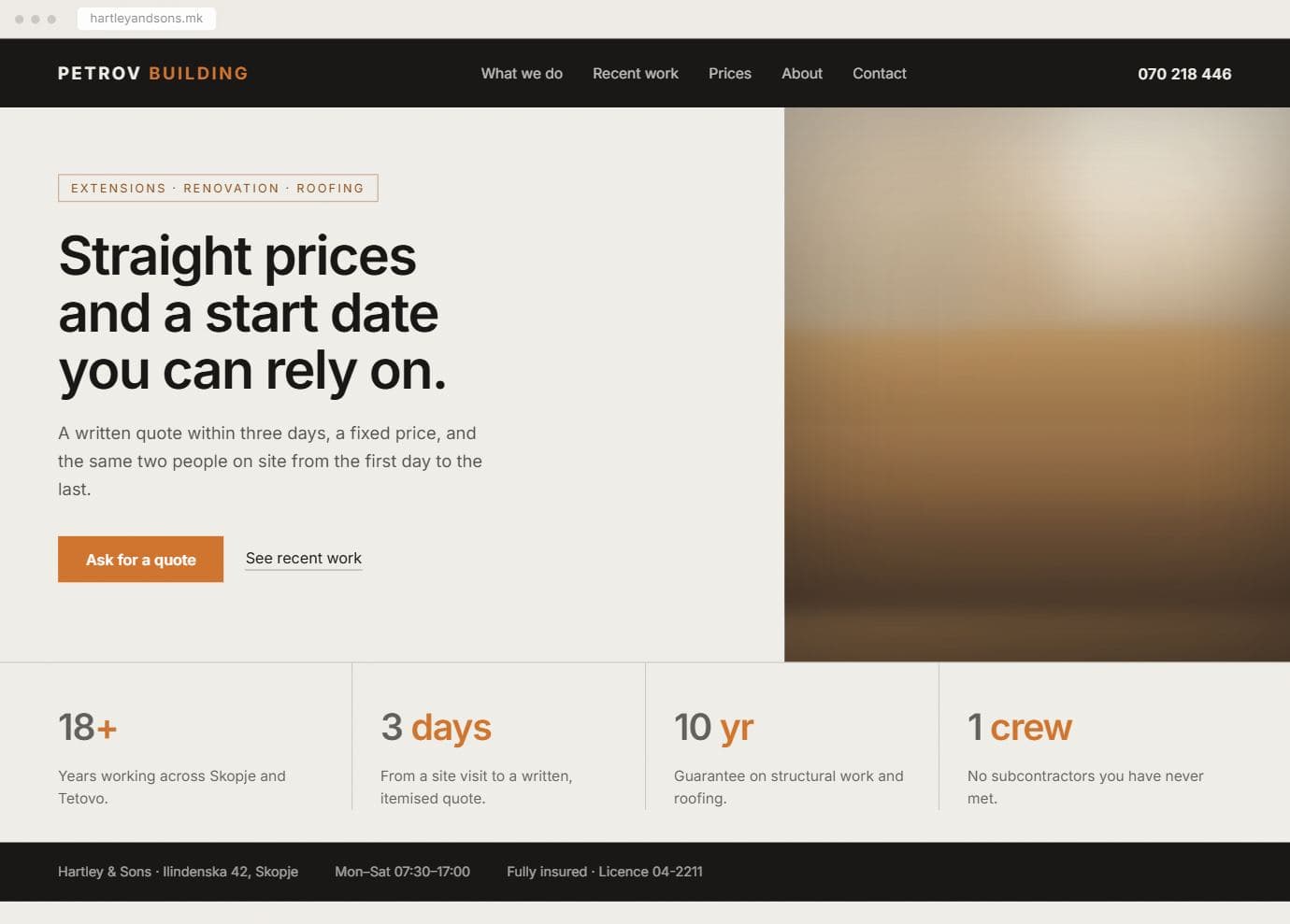 Petrov Building website: a black masthead, a bold sans headline reading “Straight prices and a start date you can rely on”, a photograph of scaffolding, and four figures about the firm.